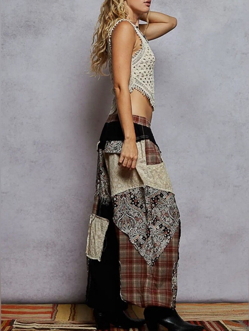 POL Patchwork Boho Maxi Skirt in Black, Beige and Brown